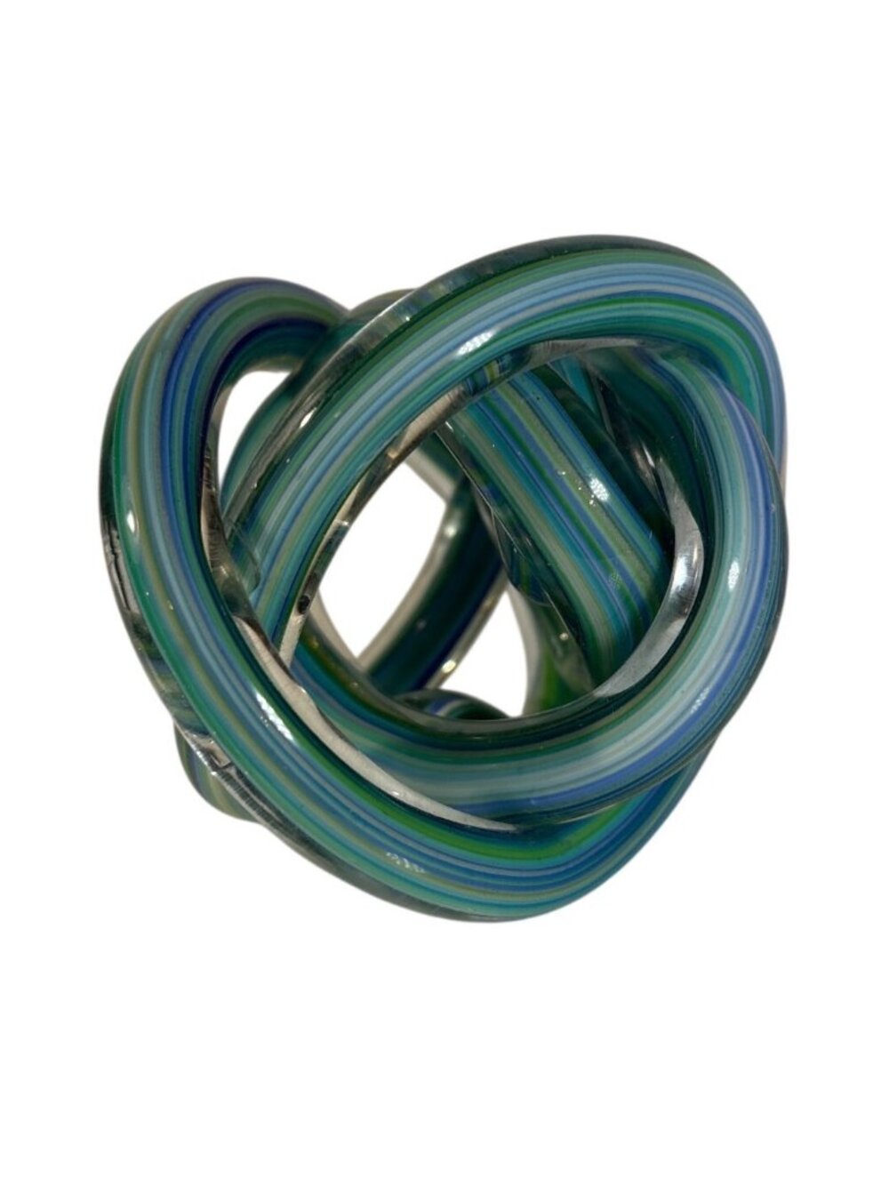 Handcrafted Glass Love Knot Sculpture Green Blue White Stripes 3"